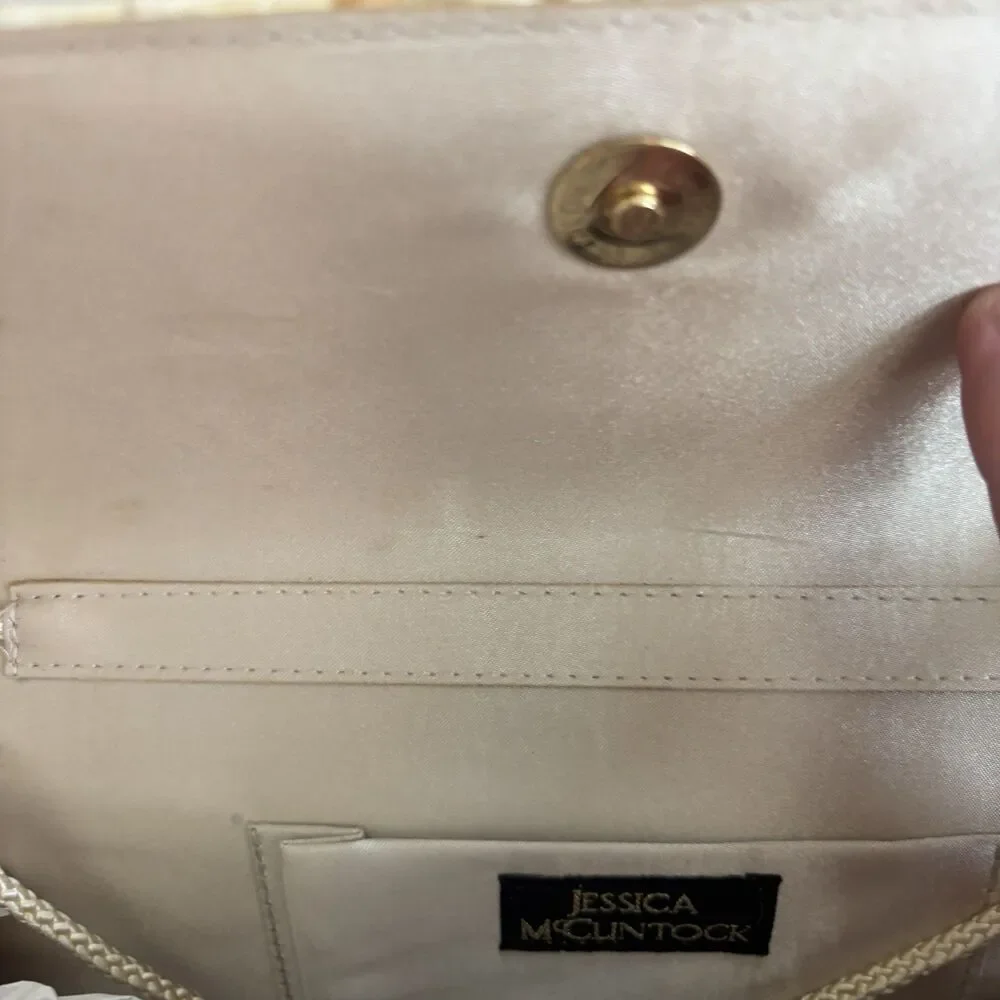 Jessica McClintock Evening Bag Champagne Satin Clutch  Strap Wedding READ